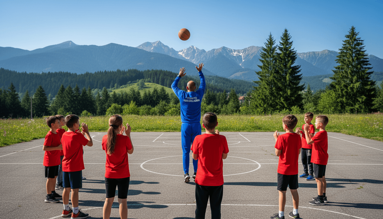 Basketball coach demonstrating shooting technique to young players on an outdoor court in Romania.