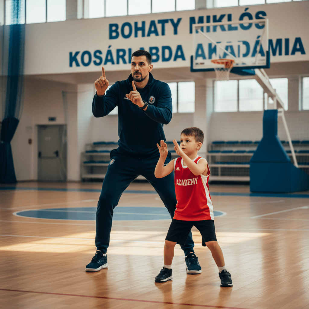 Basketball coach demonstrating shooting technique to young player in a gym