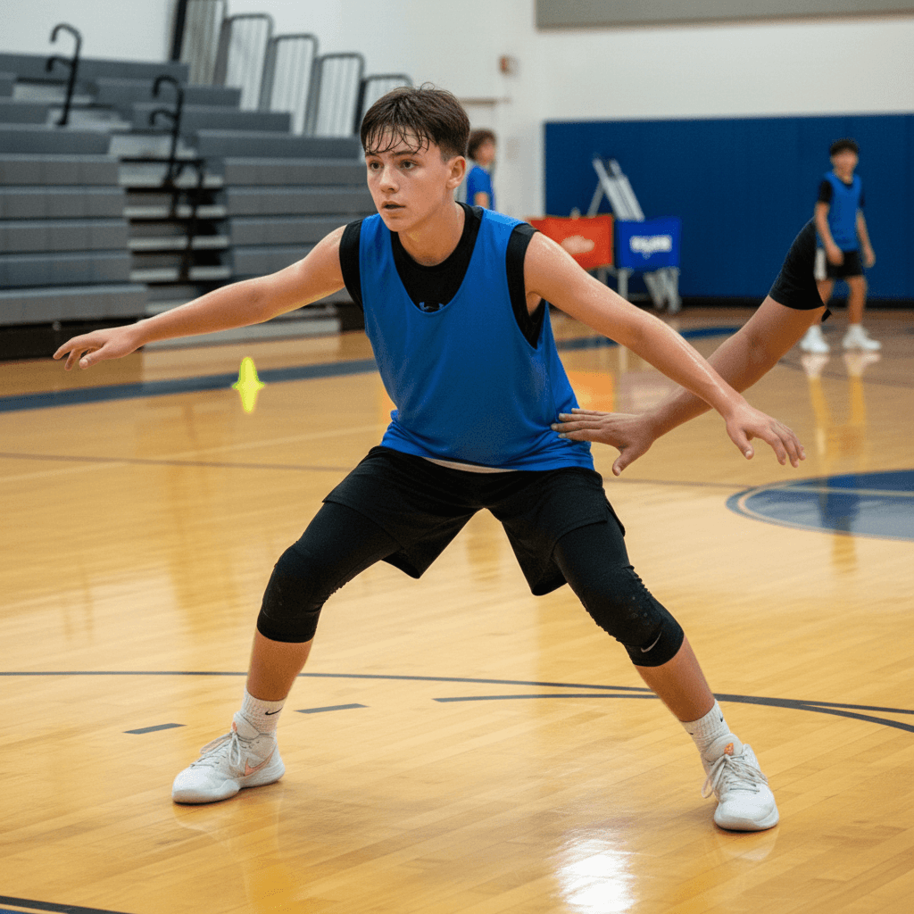 Young basketball player executing defensive stance while coach provides hands-on instruction in gymnasium