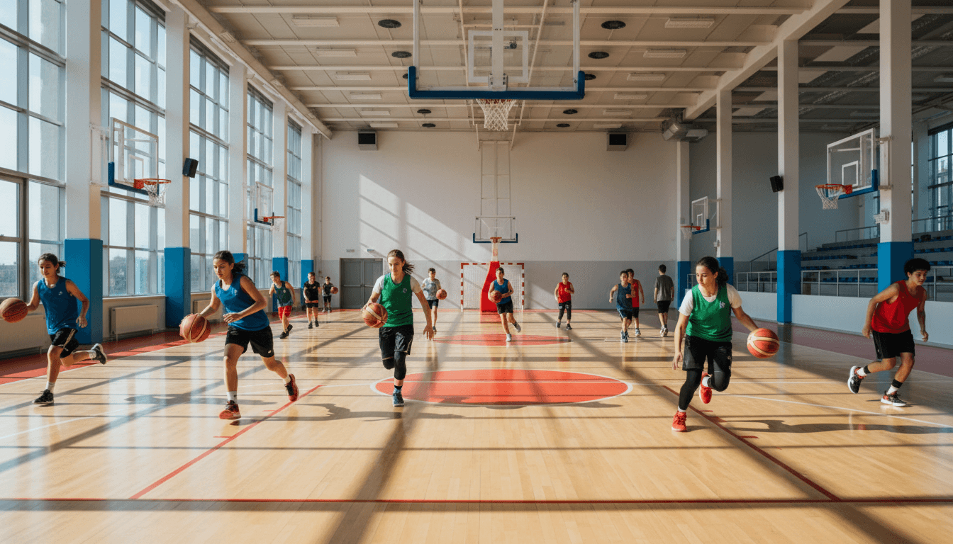 Young basketball player executing a shooting drill with coach guidance on an indoor court