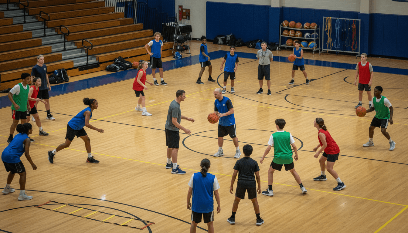 Basketball clinic with multiple participants in organized drill formation