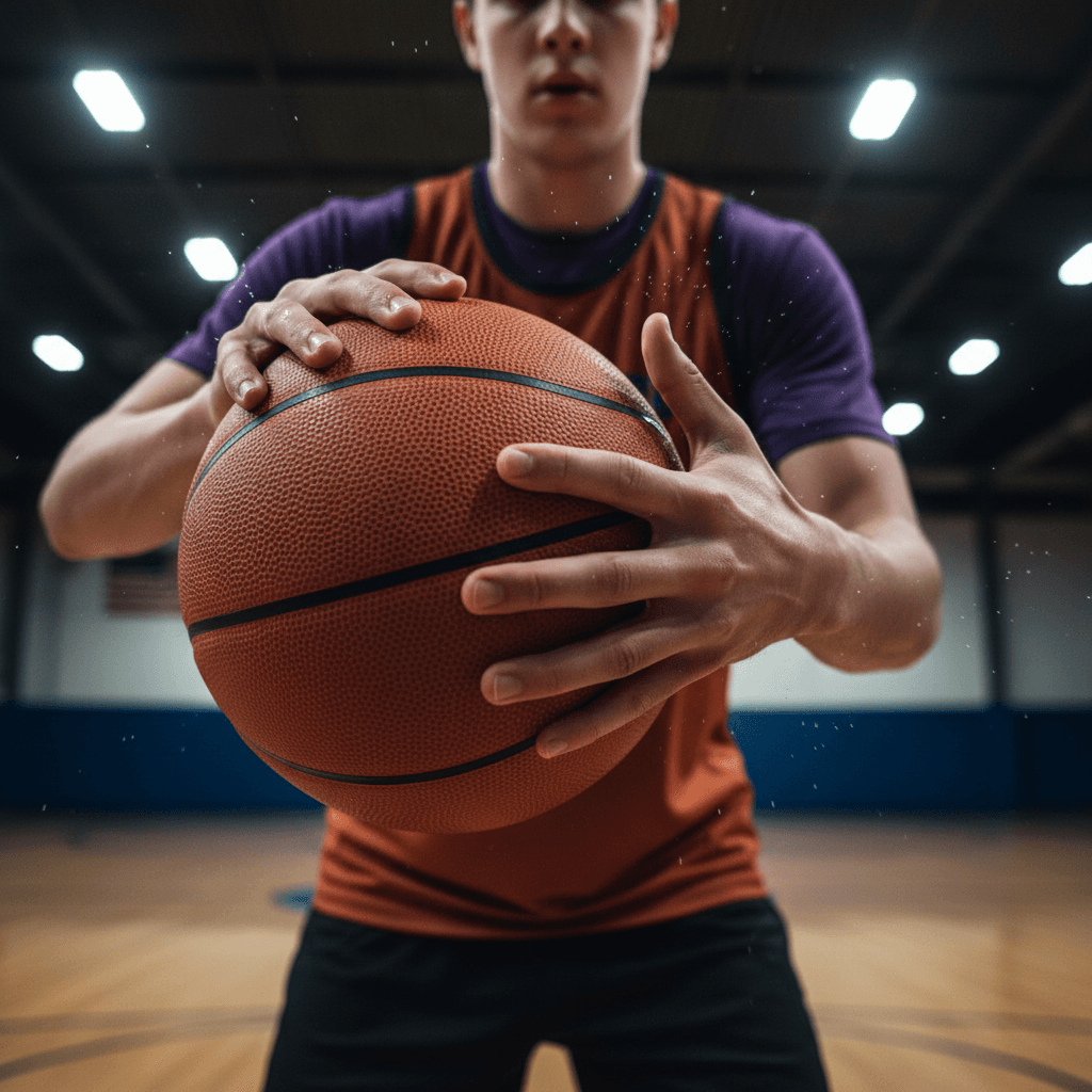 Close-up of young basketball player's hands executing precise ball-handling drill on indoor court